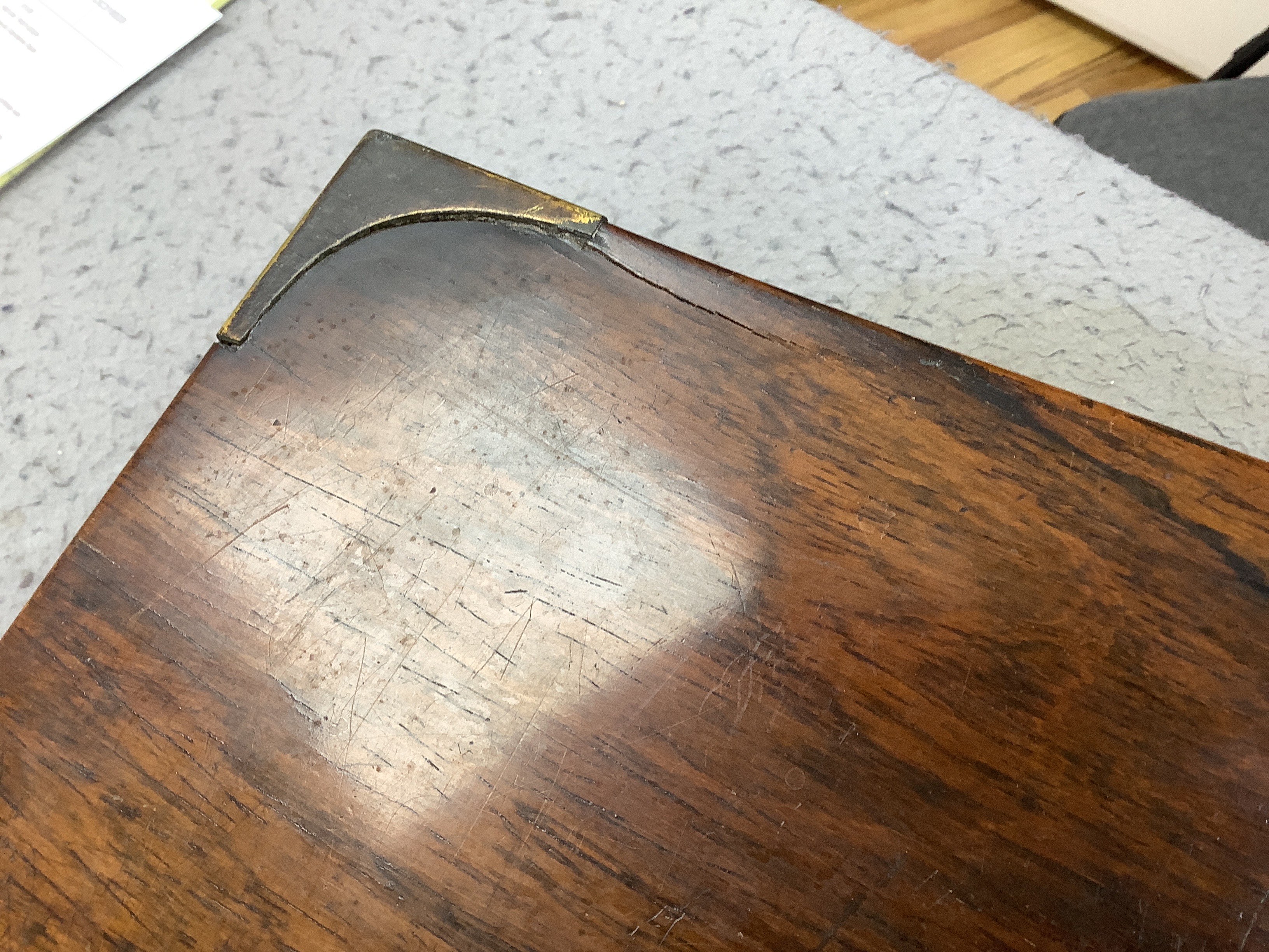 A Victorian rosewood brass bound writing slope, 40cm wide x 15cm high